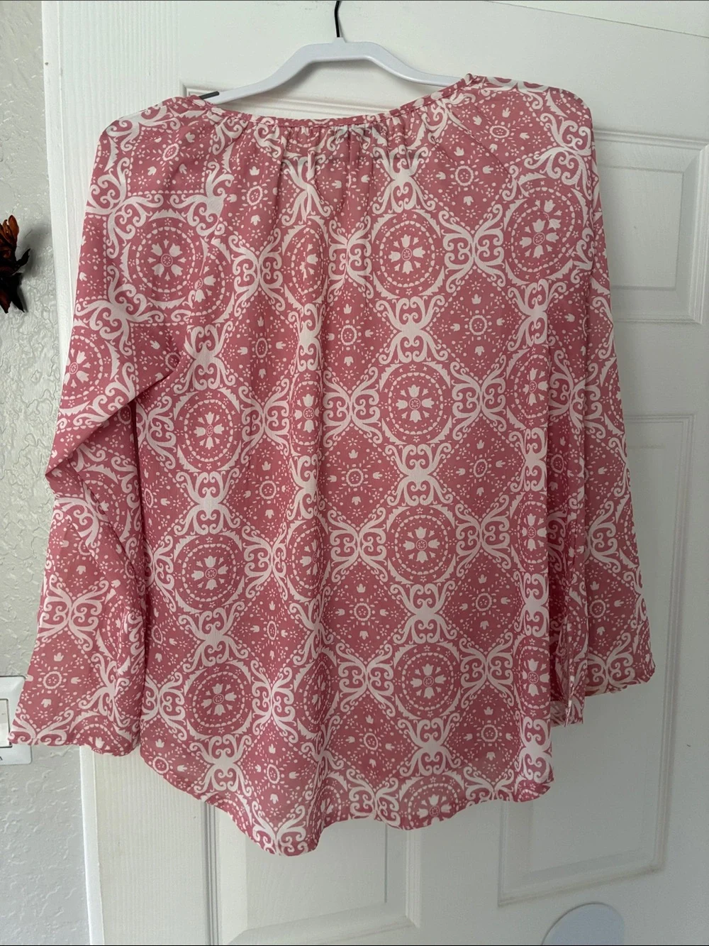 Pink Printed V-Neck Tassel Blouse